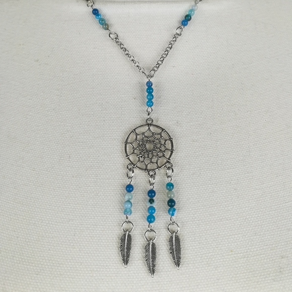 Hand Crafted Jewelry - Dream catcher necklace blue striped Agate